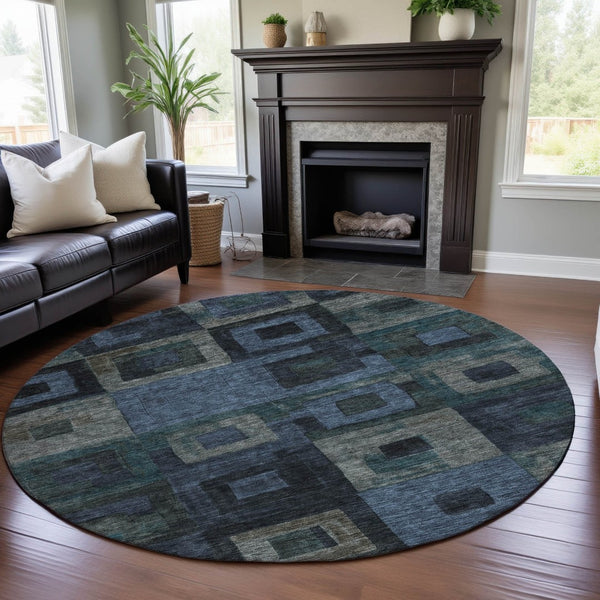 HomeRoots 8' Blue and Green Geometric Washable Round Rug - UV Protected, Stain Resistant & Easy-Care Design! 686672