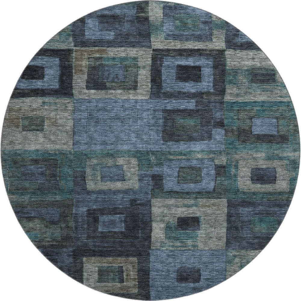 HomeRoots 8' Blue and Green Geometric Washable Round Rug - UV Protected, Stain Resistant & Easy-Care Design! 686672
