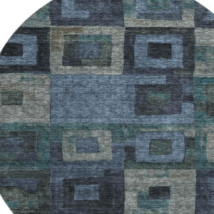 HomeRoots 8' Blue and Green Geometric Washable Round Rug - UV Protected, Stain Resistant & Easy-Care Design! 686672