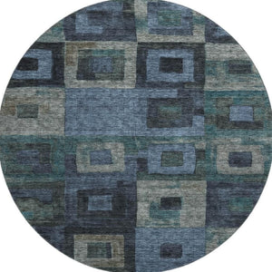 HomeRoots 8' Blue and Green Geometric Washable Round Rug - UV Protected, Stain Resistant & Easy-Care Design! 686672
