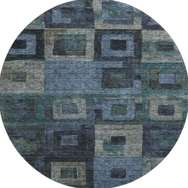 HomeRoots 8' Blue and Green Geometric Washable Round Rug - UV Protected, Stain Resistant & Easy-Care Design! 686672