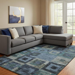 HomeRoots 8' X 10' Geometric Washable Area Rug in Blue and Green – Durable, UV-Protected, Stain-Resistant Design 686673