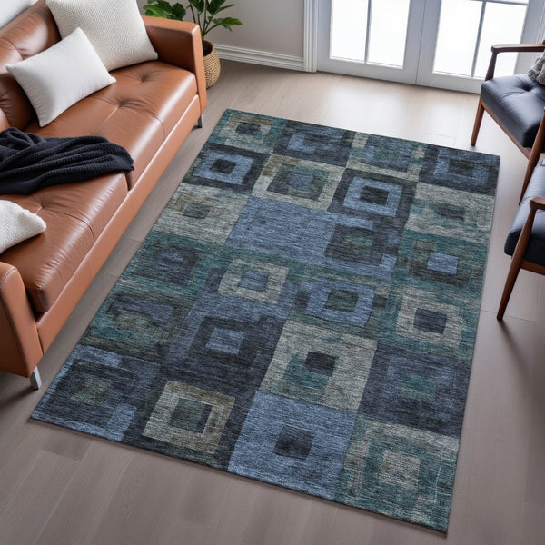 HomeRoots 8' X 10' Geometric Washable Area Rug in Blue and Green – Durable, UV-Protected, Stain-Resistant Design 686673
