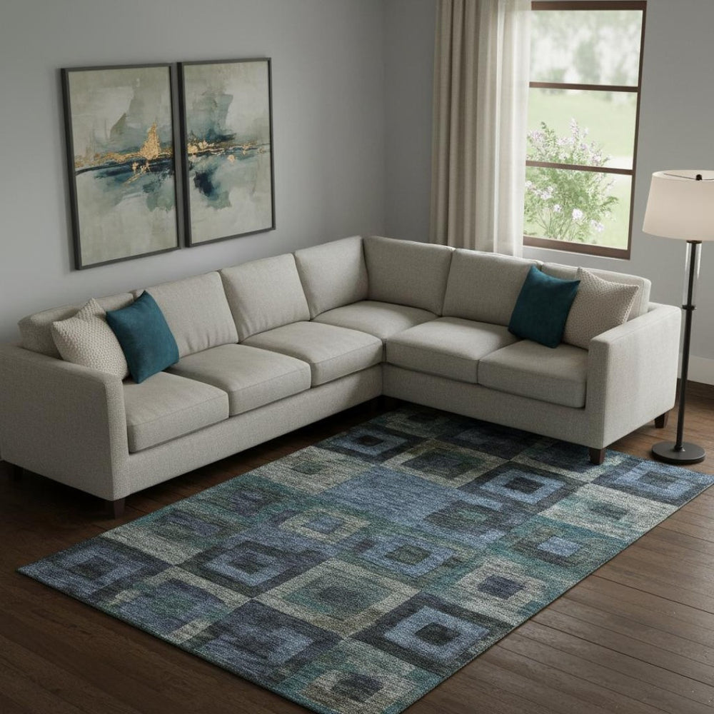 HomeRoots 9' X 12' Modern Blue and Green Geometric Area Rug - Washable, UV Protected, Stain Resistant Design 686674