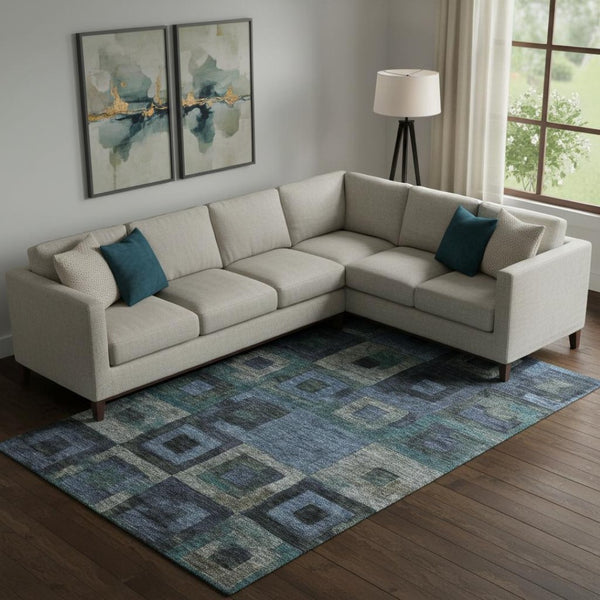HomeRoots 10' Blue & Green Geometric Washable Area Rug - UV Protected, Durable, Stylish for Modern Homes 686675