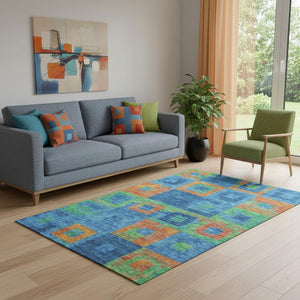 HomeRoots 5' X 8' Washable Geometric Area Rug in Denim Blue, Orange & Green – Stylish, Durable & Pet-Friendly! 686677