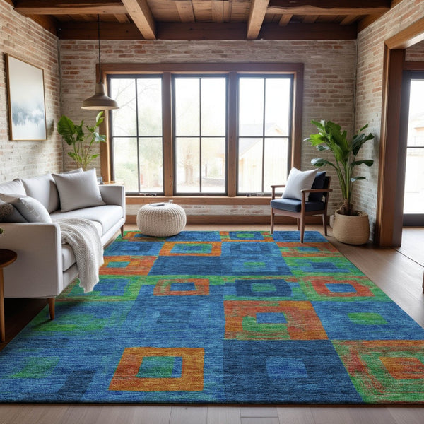 HomeRoots 5' X 8' Washable Geometric Area Rug in Denim Blue, Orange & Green – Stylish, Durable & Pet-Friendly! 686677