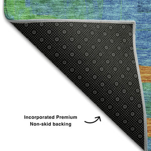 HomeRoots 5' X 8' Washable Geometric Area Rug in Denim Blue, Orange & Green – Stylish, Durable & Pet-Friendly! 686677