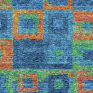 HomeRoots 5' X 8' Washable Geometric Area Rug in Denim Blue, Orange & Green – Stylish, Durable & Pet-Friendly! 686677