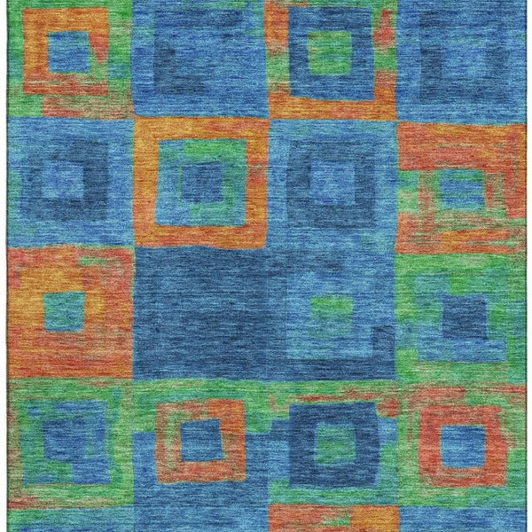 HomeRoots 5' X 8' Washable Geometric Area Rug in Denim Blue, Orange & Green – Stylish, Durable & Pet-Friendly! 686677