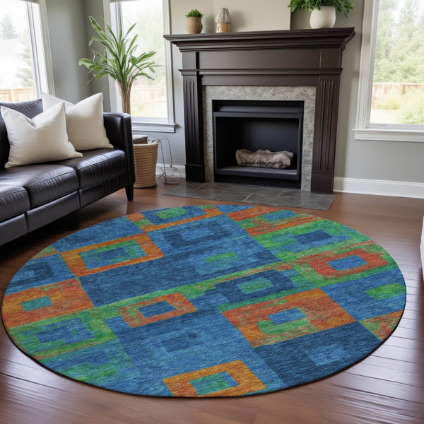 HomeRoots 8' Washable Round Rug in Denim Blue, Orange & Green - Modern Geometric Design with UV Protection 686678