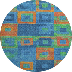 HomeRoots 8' Washable Round Rug in Denim Blue, Orange & Green - Modern Geometric Design with UV Protection 686678
