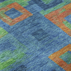 HomeRoots 8' Washable Round Rug in Denim Blue, Orange & Green - Modern Geometric Design with UV Protection 686678