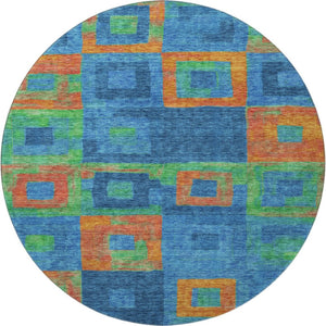 HomeRoots 8' Washable Round Rug in Denim Blue, Orange & Green - Modern Geometric Design with UV Protection 686678