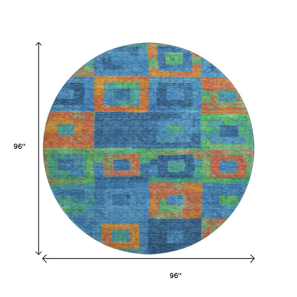 HomeRoots 8' Washable Round Rug in Denim Blue, Orange & Green - Modern Geometric Design with UV Protection 686678