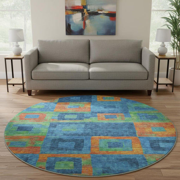 HomeRoots 8' Washable Round Rug in Denim Blue, Orange & Green - Modern Geometric Design with UV Protection 686678
