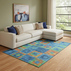 HomeRoots 8' X 10' Vibrant Geometric Washable Area Rug in Denim Blue, Orange & Green - UV Protected & Durable! 686679