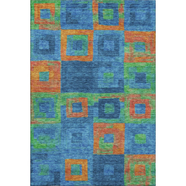 HomeRoots 8' X 10' Vibrant Geometric Washable Area Rug in Denim Blue, Orange & Green - UV Protected & Durable! 686679
