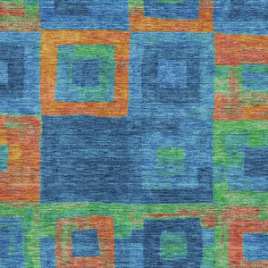 HomeRoots 8' X 10' Vibrant Geometric Washable Area Rug in Denim Blue, Orange & Green - UV Protected & Durable! 686679