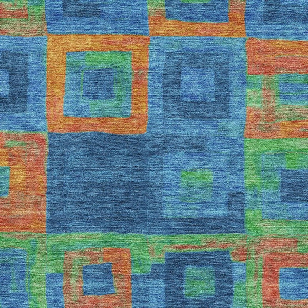 HomeRoots 8' X 10' Vibrant Geometric Washable Area Rug in Denim Blue, Orange & Green - UV Protected & Durable! 686679