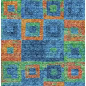 HomeRoots 8' X 10' Vibrant Geometric Washable Area Rug in Denim Blue, Orange & Green - UV Protected & Durable! 686679