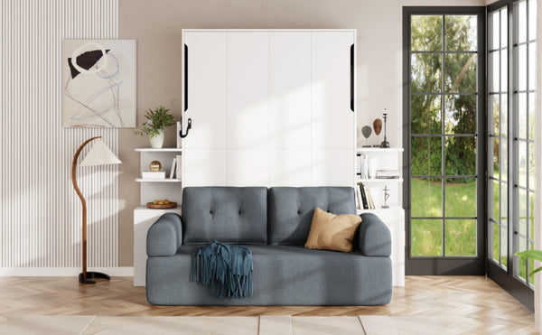 English Elm Full Size Murphy Bed System with Integrated Sofa and Storage Towers for Guest Rooms White+Gray LP000380AAE