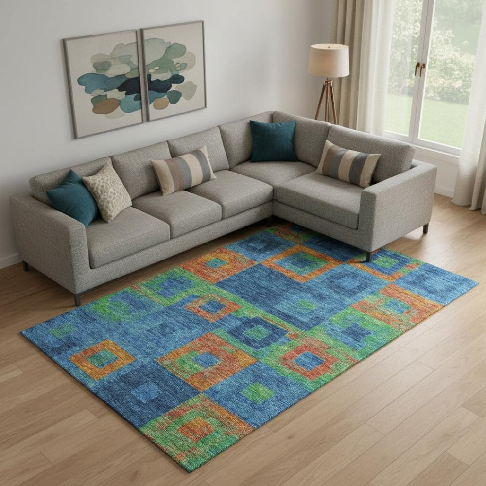 HomeRoots 9' X 12' Geometric Area Rug in Denim Blue, Orange & Green - Washable, UV Protected, & Stylish! 686680
