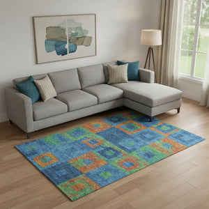 HomeRoots 10' Geometric Area Rug in Denim Blue, Orange & Green – Durable, Washable, UV Protected for Family Use 686681