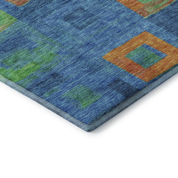 HomeRoots 10' Geometric Area Rug in Denim Blue, Orange & Green – Durable, Washable, UV Protected for Family Use 686681