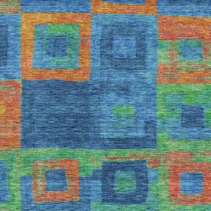 HomeRoots 10' Geometric Area Rug in Denim Blue, Orange & Green – Durable, Washable, UV Protected for Family Use 686681