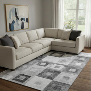 HomeRoots 8' X 10' Gray and Silver Geometric Area Rug - Washable, UV Protected, Stain Resistant for Modern Homes 686685