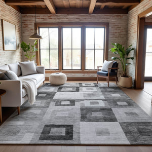 HomeRoots 8' X 10' Gray and Silver Geometric Area Rug - Washable, UV Protected, Stain Resistant for Modern Homes 686685