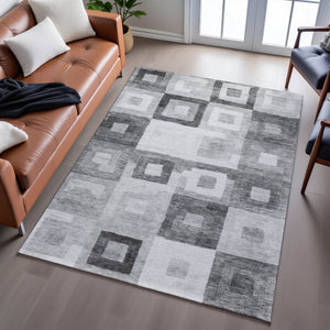HomeRoots 8' X 10' Gray and Silver Geometric Area Rug - Washable, UV Protected, Stain Resistant for Modern Homes 686685