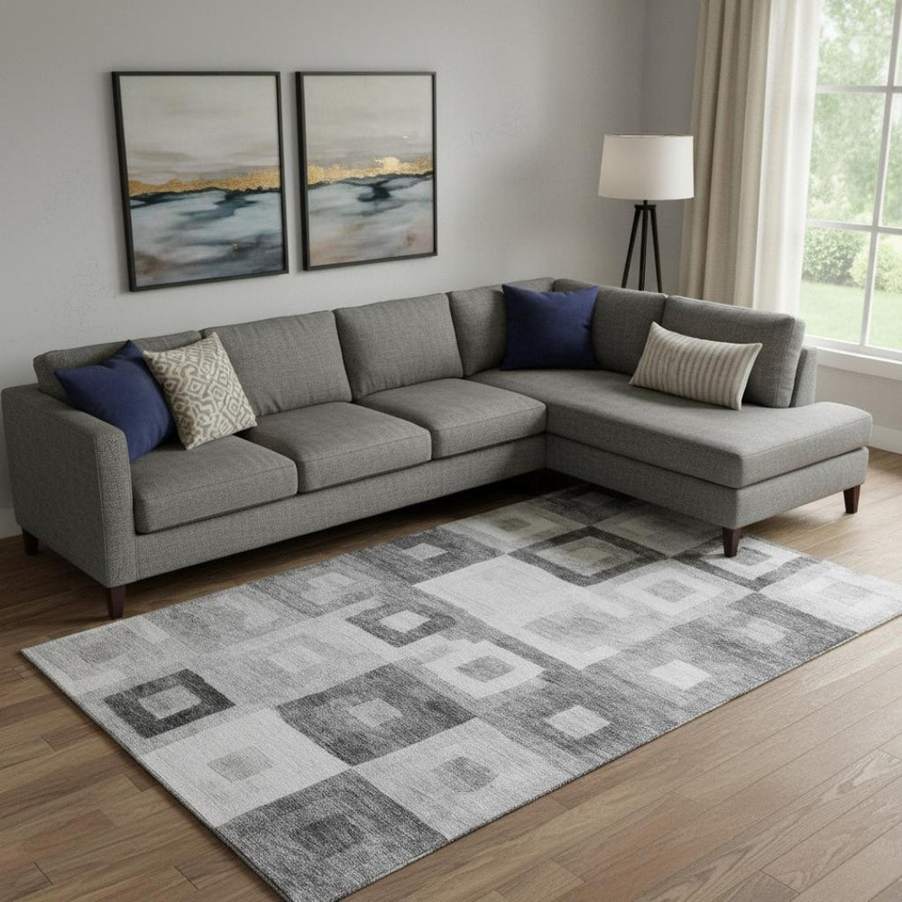 HomeRoots 9' X 12' Gray and Silver Geometric Area Rug - Modern, Washable, UV-Protected for Stylish Living Spaces 686686
