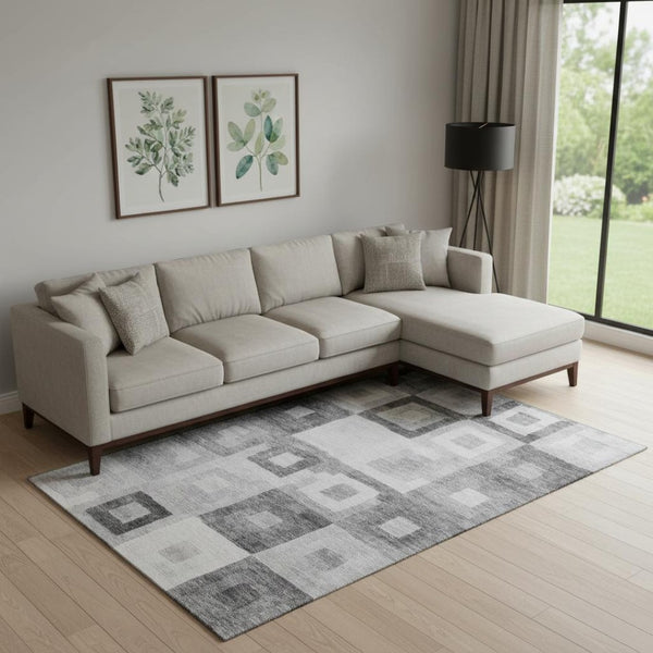 HomeRoots 10' Gray & Silver Geometric Washable Area Rug - Durable, UV Protected, Stain-Resistant Design for Homes 686687