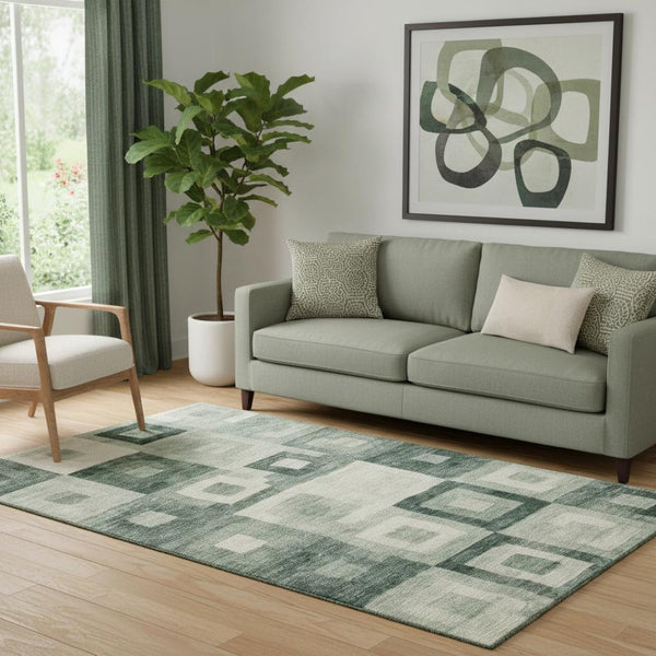 HomeRoots 5' X 8' Stylish Green and Ivory Geometric Area Rug - Washable, UV Protected, Perfect for Homes! 686689