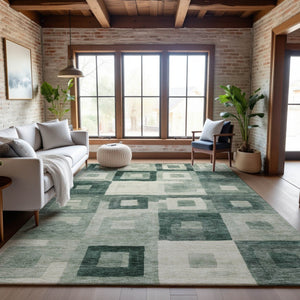 HomeRoots 5' X 8' Stylish Green and Ivory Geometric Area Rug - Washable, UV Protected, Perfect for Homes! 686689