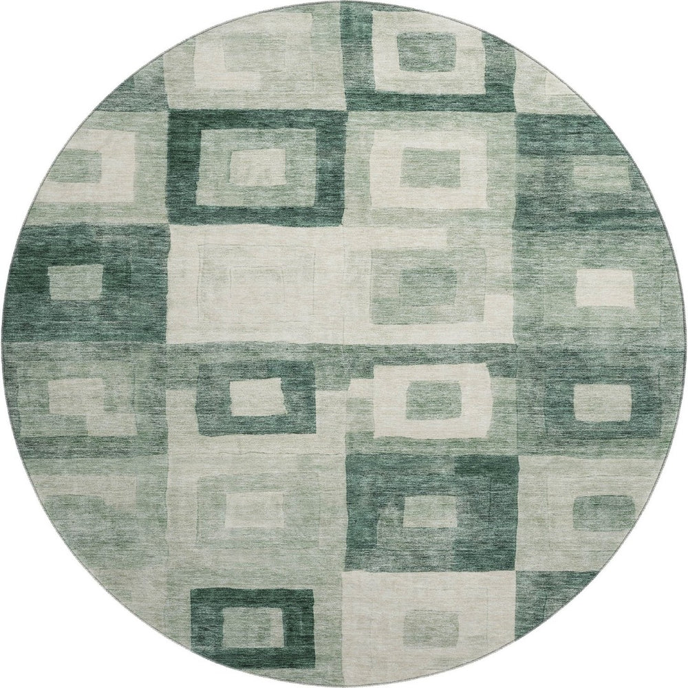 HomeRoots 8' Green And Ivory Geometric Washable Round Rug – UV Resistant, Stain-Proof, Easy Care Home Decor 686690