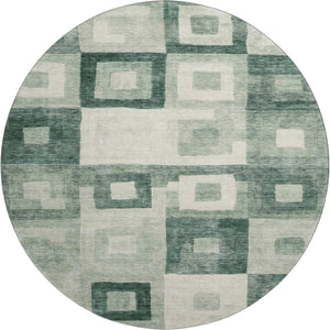HomeRoots 8' Green And Ivory Geometric Washable Round Rug – UV Resistant, Stain-Proof, Easy Care Home Decor 686690