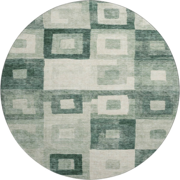 HomeRoots 8' Green And Ivory Geometric Washable Round Rug – UV Resistant, Stain-Proof, Easy Care Home Decor 686690