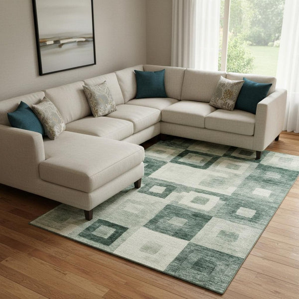 HomeRoots 8' X 10' Green & Ivory Geometric Area Rug - Washable, UV-Protected, Stylish for Homes & Patios 686691