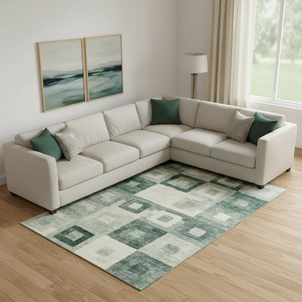 HomeRoots 9' X 12' Green and Ivory Geometric Area Rug - Washable, UV-Protected, Stylish, and Durable Design! 686692