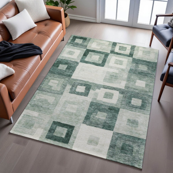 HomeRoots 9' X 12' Green and Ivory Geometric Area Rug - Washable, UV-Protected, Stylish, and Durable Design! 686692