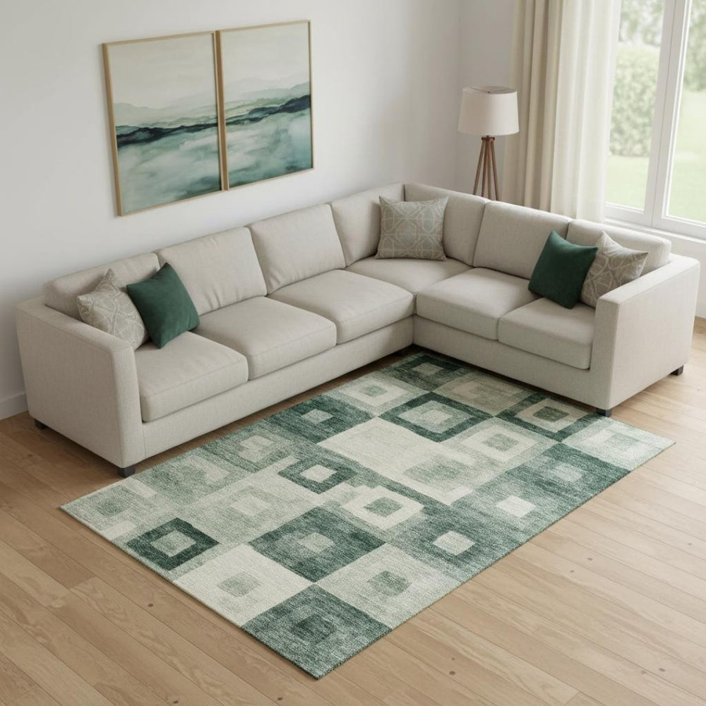 HomeRoots 10' X 14' Modern Green and Ivory Geometric Area Rug – Washable, UV Protected, Durable for High-Traffic Areas 686693