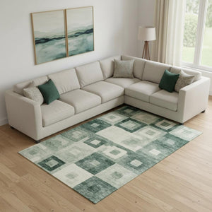 HomeRoots 10' X 14' Modern Green and Ivory Geometric Area Rug – Washable, UV Protected, Durable for High-Traffic Areas 686693