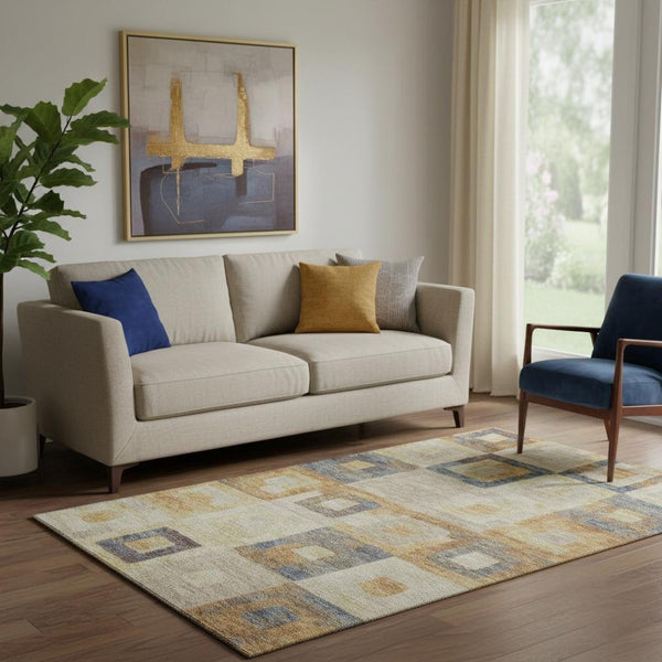 HomeRoots 5' X 8' Geometric Washable Area Rug in Linen Gold & Wheat - Durable, UV-Protected & Pet-Friendly! 686695