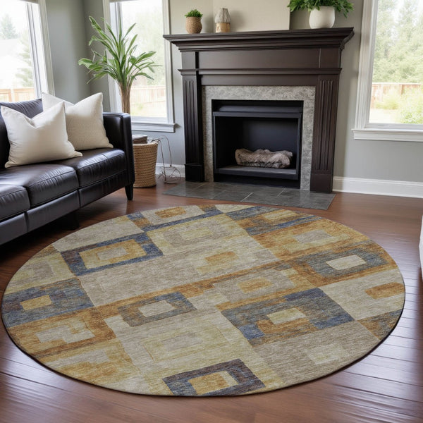 HomeRoots 8' Linen Gold and Wheat Geometric Round Rug – Washable, UV-Protected, Durable, and Stylish Design 686696
