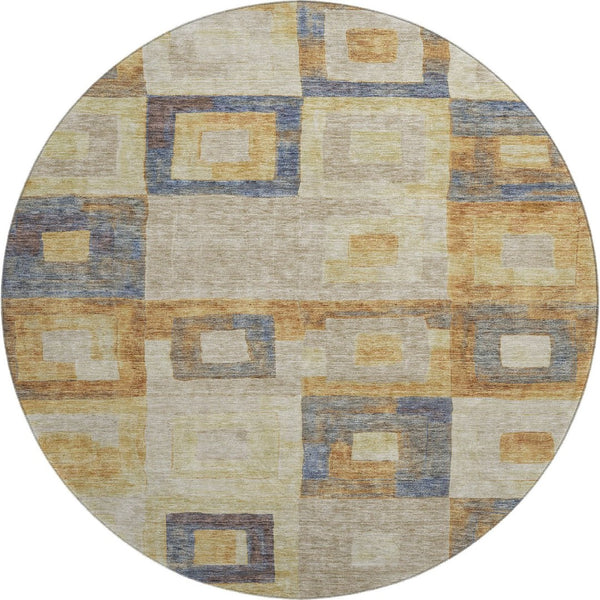 HomeRoots 8' Linen Gold and Wheat Geometric Round Rug – Washable, UV-Protected, Durable, and Stylish Design 686696