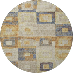 HomeRoots 8' Linen Gold and Wheat Geometric Round Rug – Washable, UV-Protected, Durable, and Stylish Design 686696
