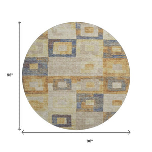 HomeRoots 8' Linen Gold and Wheat Geometric Round Rug – Washable, UV-Protected, Durable, and Stylish Design 686696